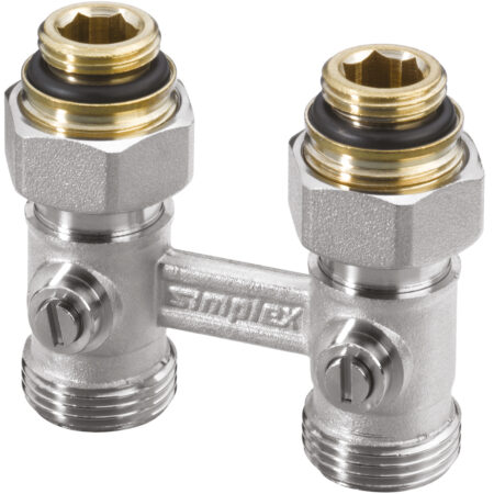 ALVA Hahnblock Zweirohr Durchgang 3/4" 50mm, absperrb., mit Nippel 3/4" x 1/2"