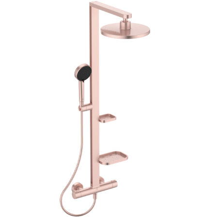 Duschsystem mit Brausethermostat 2 Ablagen, 2 Funktions-Handbrause und 2 Funktions-Kopfbrause Rose