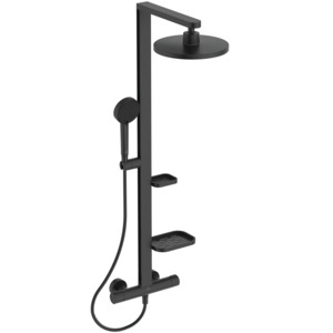 Duschsystem mit  Brausethermostat 2 Ablagen, 2 Funktions-Handbrause und 2 Funktions-Kopfbrause Silk Black