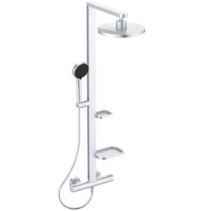 Duschsystem mit Brausethermostat 2 Ablagen, 2 Funktions-Handbrause und 2 Funktions-Kopfbrause Silver
