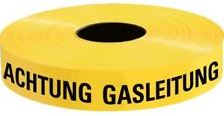 ALVA Trassenwarnband, gelb, Rolle 250m, 40x0,15mm, Achtung Gasleitung