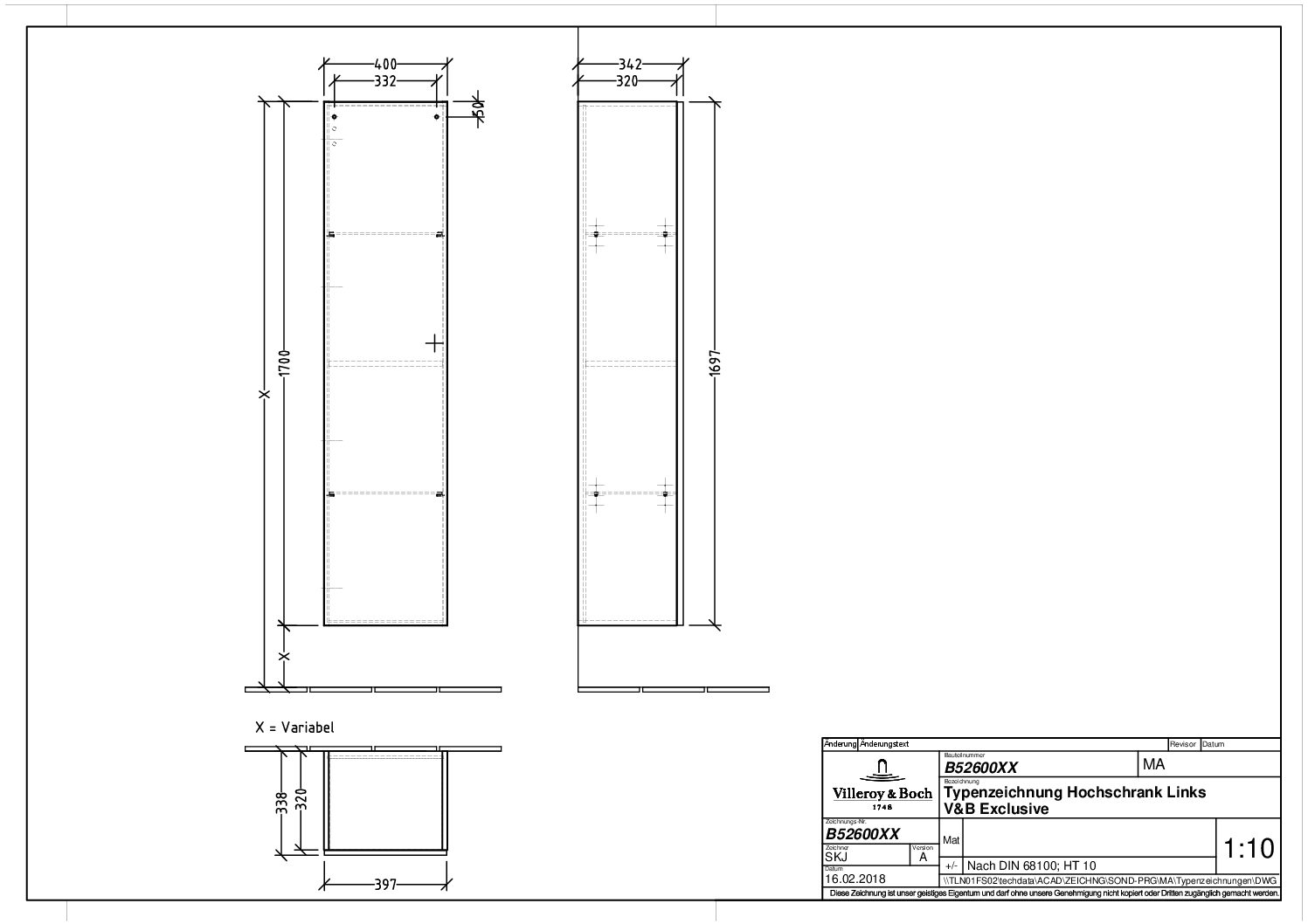 V&B Passion Kollektion 1 Hochschrank 400x1700x338 mm, Anschl. li, Oak Kan.