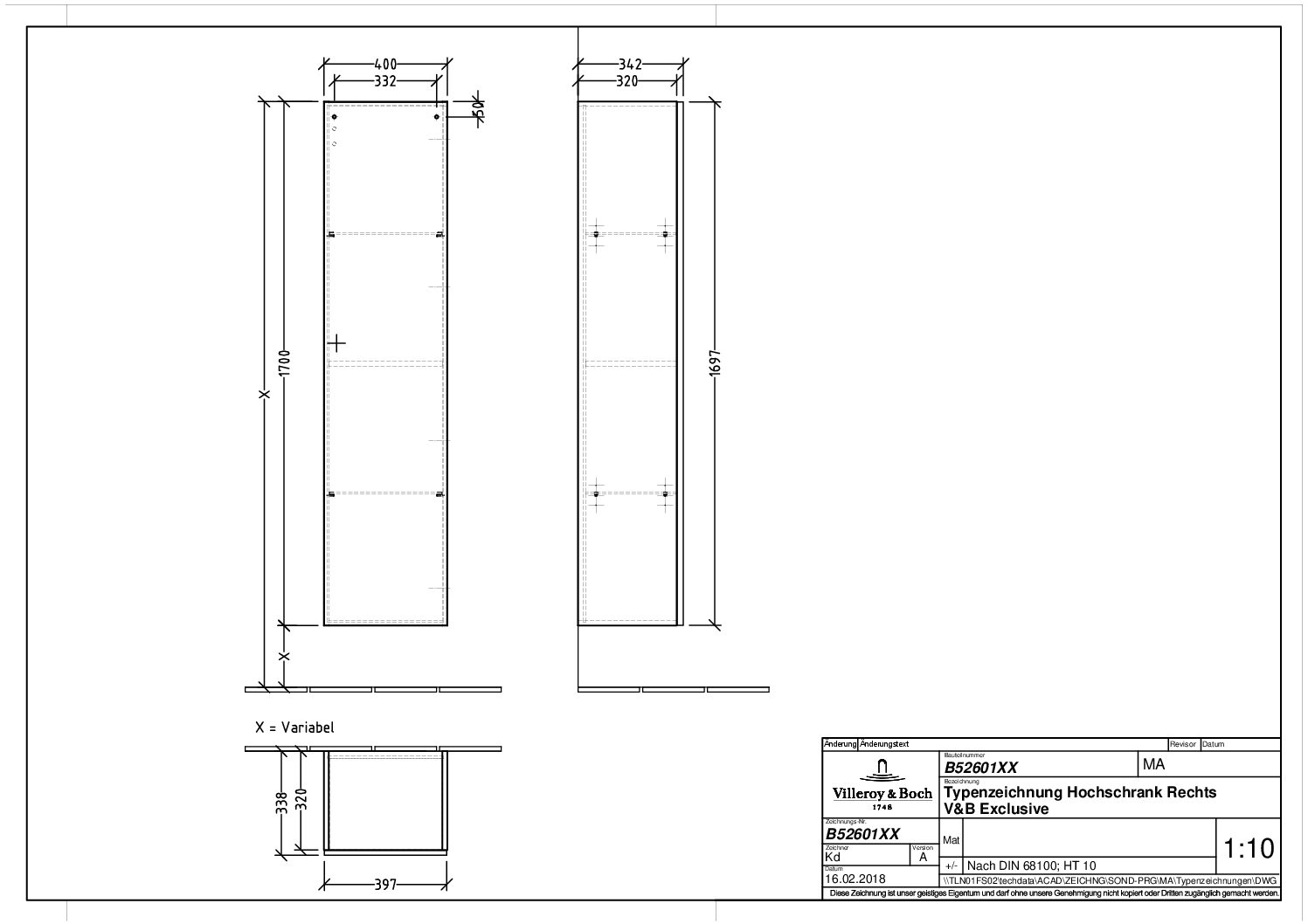 V&B Passion Kollektion 1 Hochschrank 400 x 1700 x 338 mm, Anschl. re. , White