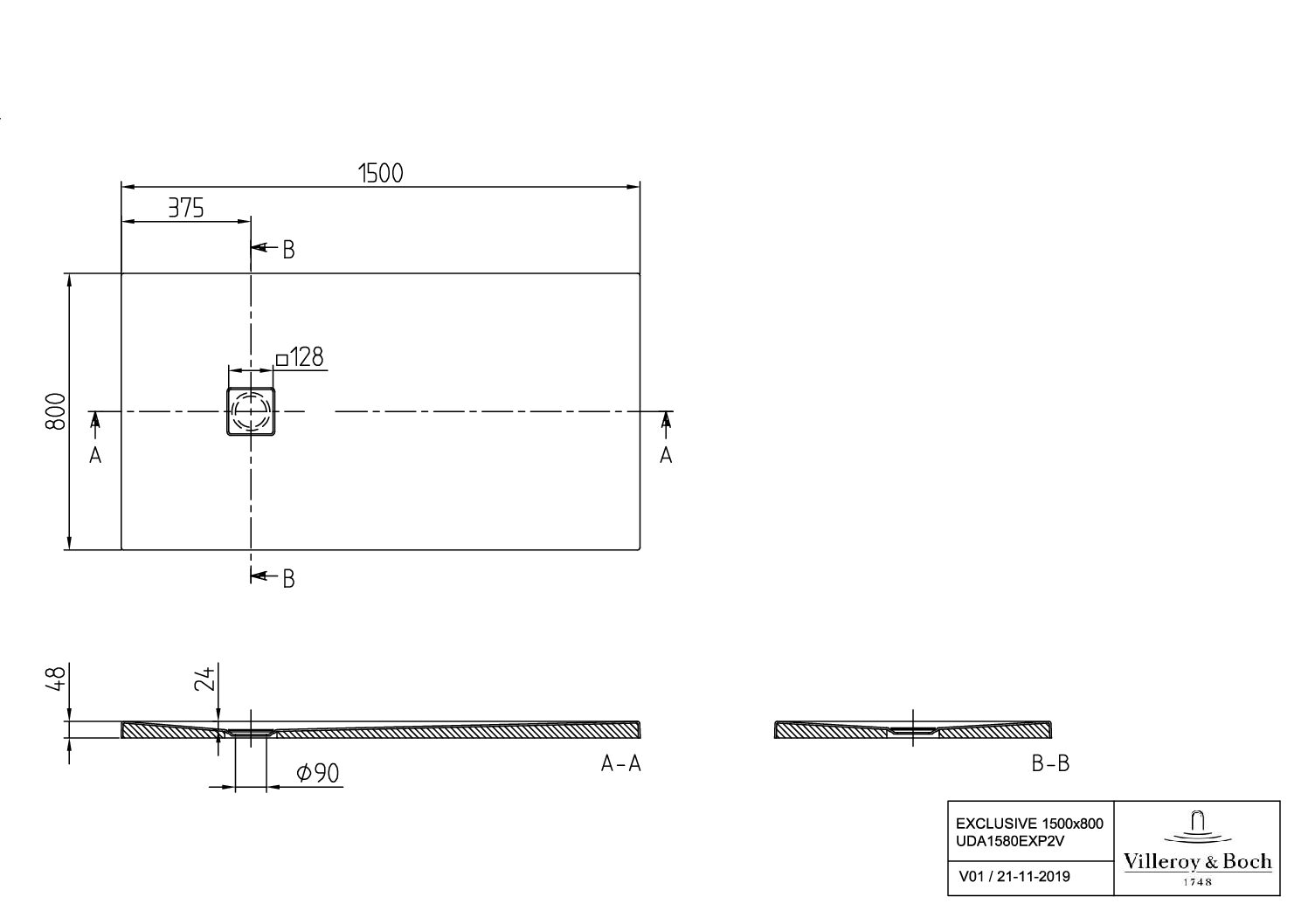Villeroy & Boch rechteckige Duschwanne V&B EXCLUSIVE PROFI UDA1580EXP2V, 1500 x 800 x 40 mm, Rechteck, Flächenbündiger Einbau, Aufbau auf Fliesen, Aufbau auf Sockel, Weiß Alpin