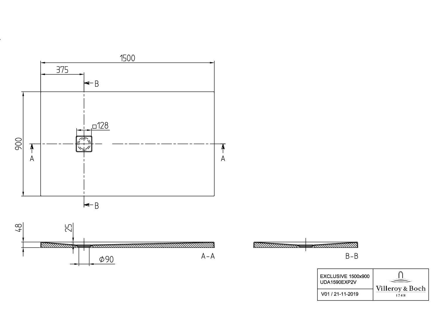 Villeroy & Boch rechteckige Duschwanne V&B EXCLUSIVE PROFI UDA1590EXP2V, 1500 x 900 x 40 mm, Rechteck, Flächenbündiger Einbau, Aufbau auf Fliesen, Aufbau auf Sockel, Weiß Alpin