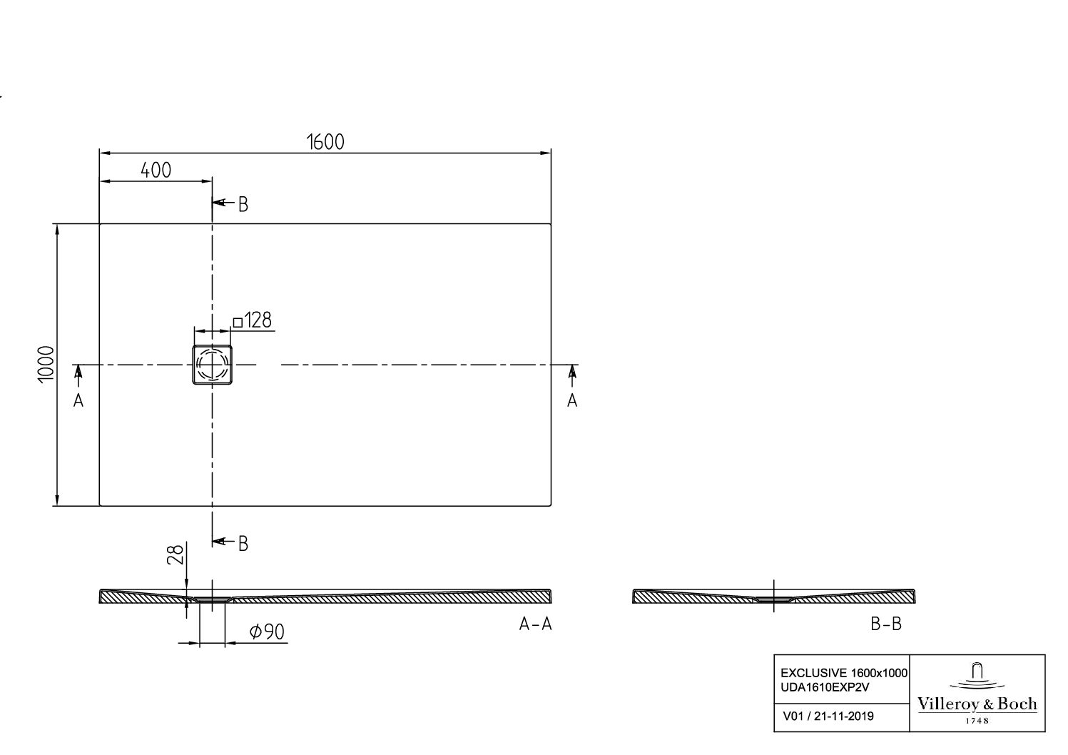 Villeroy & Boch rechteckige Duschwanne V&B EXCLUSIVE PROFI UDA1610EXP2V, 1600 x 1000 x 40 mm, Rechteck, Flächenbündiger Einbau, Aufbau auf Fliesen, Aufbau auf Sockel, Weiß Alpin