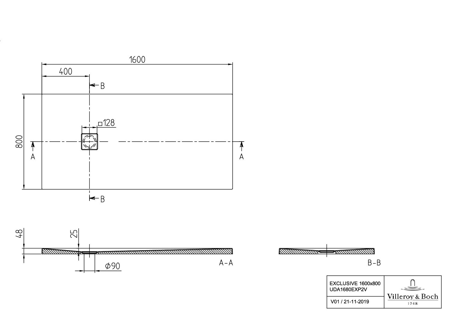 Villeroy & Boch rechteckige Duschwanne V&B EXCLUSIVE PROFI UDA1680EXP2V, 1600 x 800 x 40 mm, Rechteck, Flächenbündiger Einbau, Aufbau auf Fliesen, Aufbau auf Sockel, Weiß Alpin