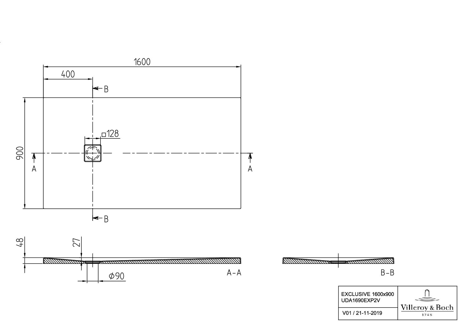 Villeroy & Boch rechteckige Duschwanne V&B EXCLUSIVE PROFI UDA1690EXP2V, 1600 x 900 x 40 mm, Rechteck, Flächenbündiger Einbau, Aufbau auf Fliesen, Aufbau auf Sockel, Weiß Alpin