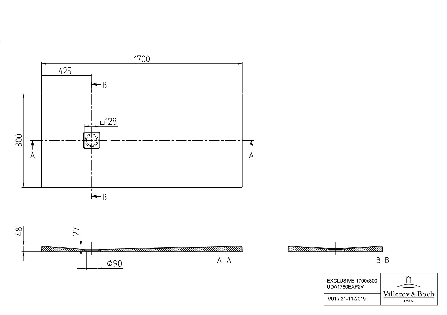 Villeroy & Boch rechteckige Duschwanne V&B EXCLUSIVE PROFI UDA1780EXP2V, 1700 x 800 x 40 mm, Rechteck, Flächenbündiger Einbau, Aufbau auf Fliesen, Aufbau auf Sockel, Weiß Alpin