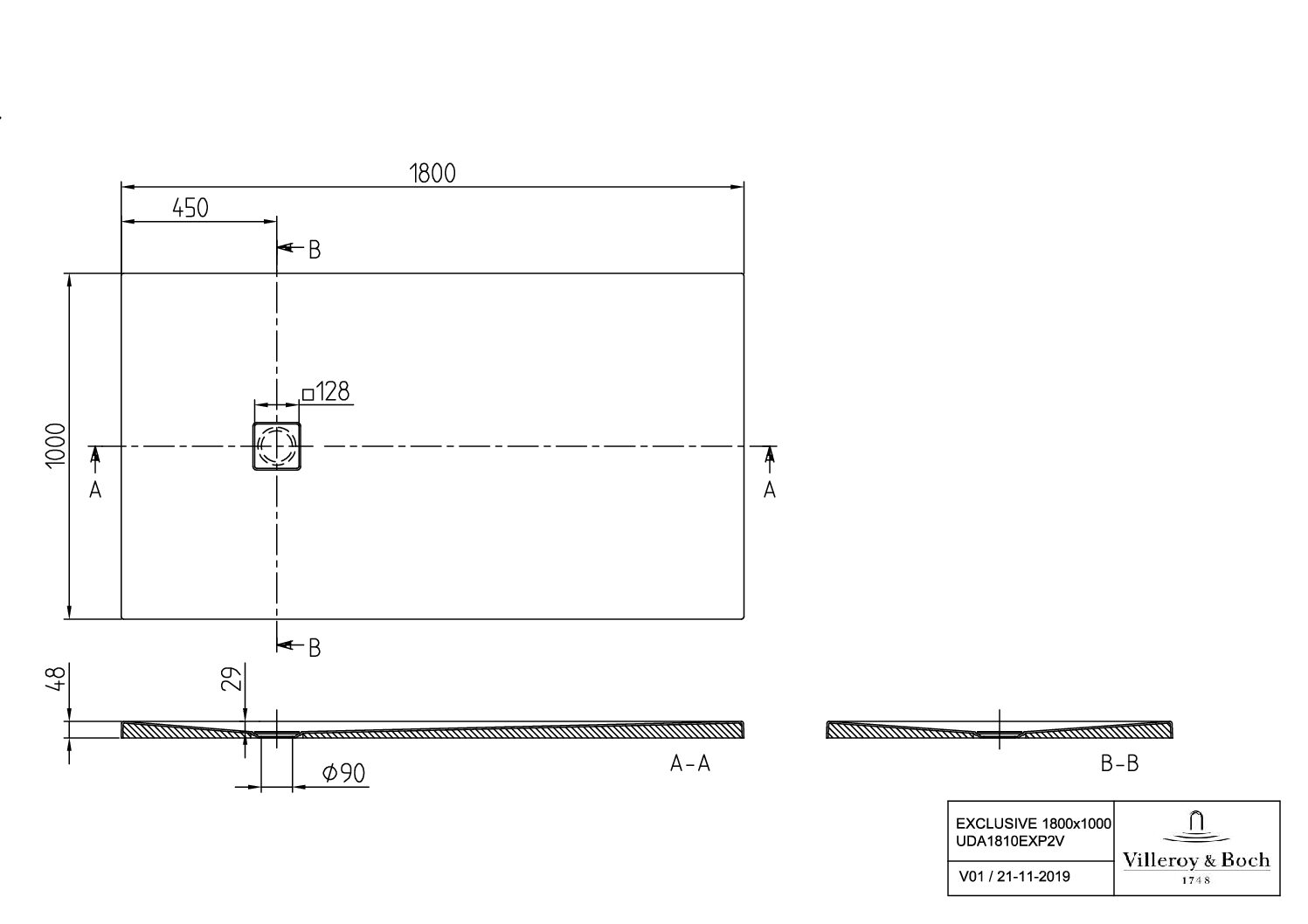 Villeroy & Boch rechteckige Duschwanne V&B EXCLUSIVE PROFI UDA1810EXP2V, 1800 x 1000 x 40 mm, Rechteck, Flächenbündiger Einbau, Aufbau auf Fliesen, Aufbau auf Sockel, Weiß Alpin
