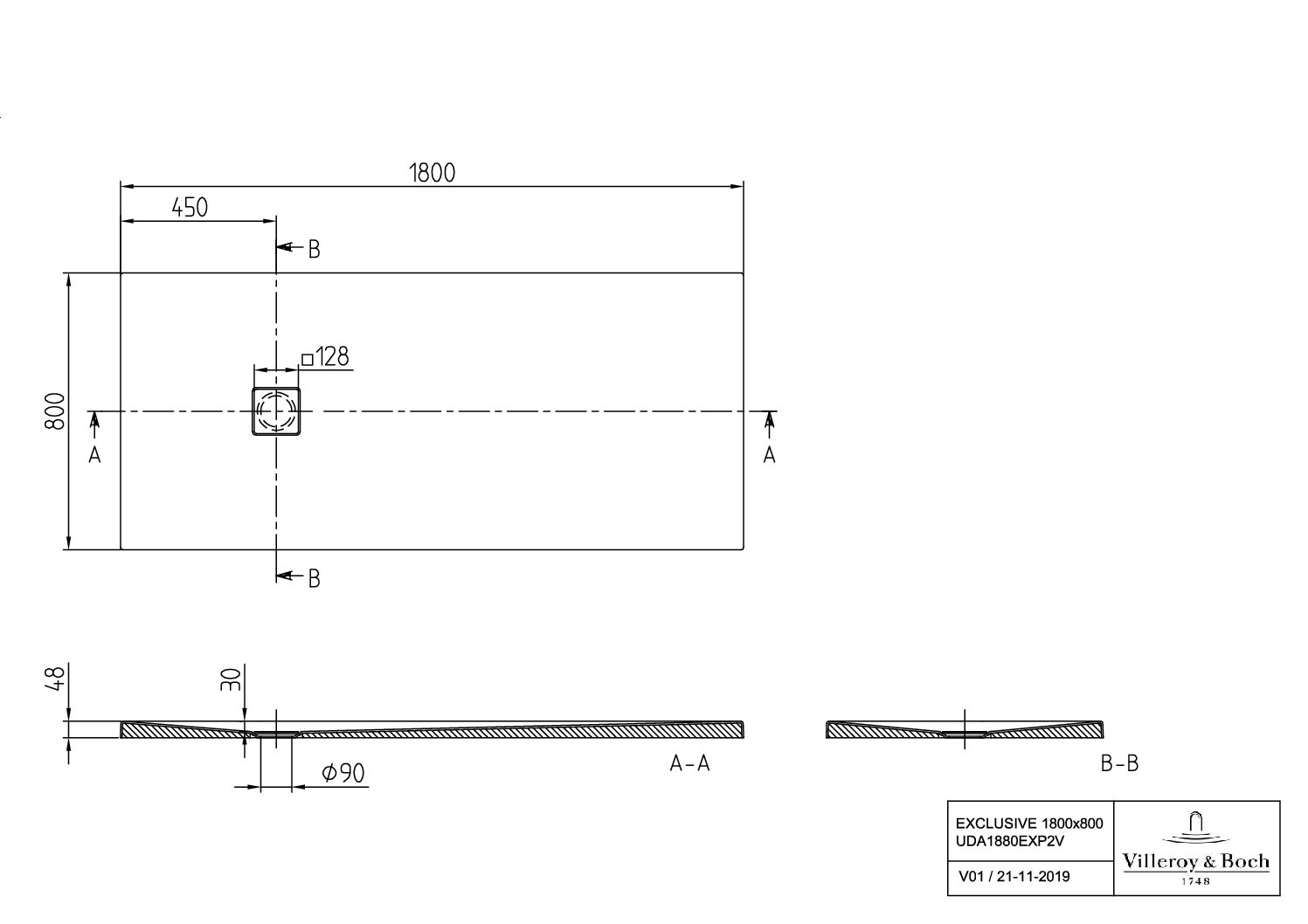 Villeroy & Boch rechteckige Duschwanne V&B EXCLUSIVE PROFI UDA1880EXP2V, 1800 x 800 x 40 mm, Rechteck, Flächenbündiger Einbau, Aufbau auf Fliesen, Aufbau auf Sockel, Nature White