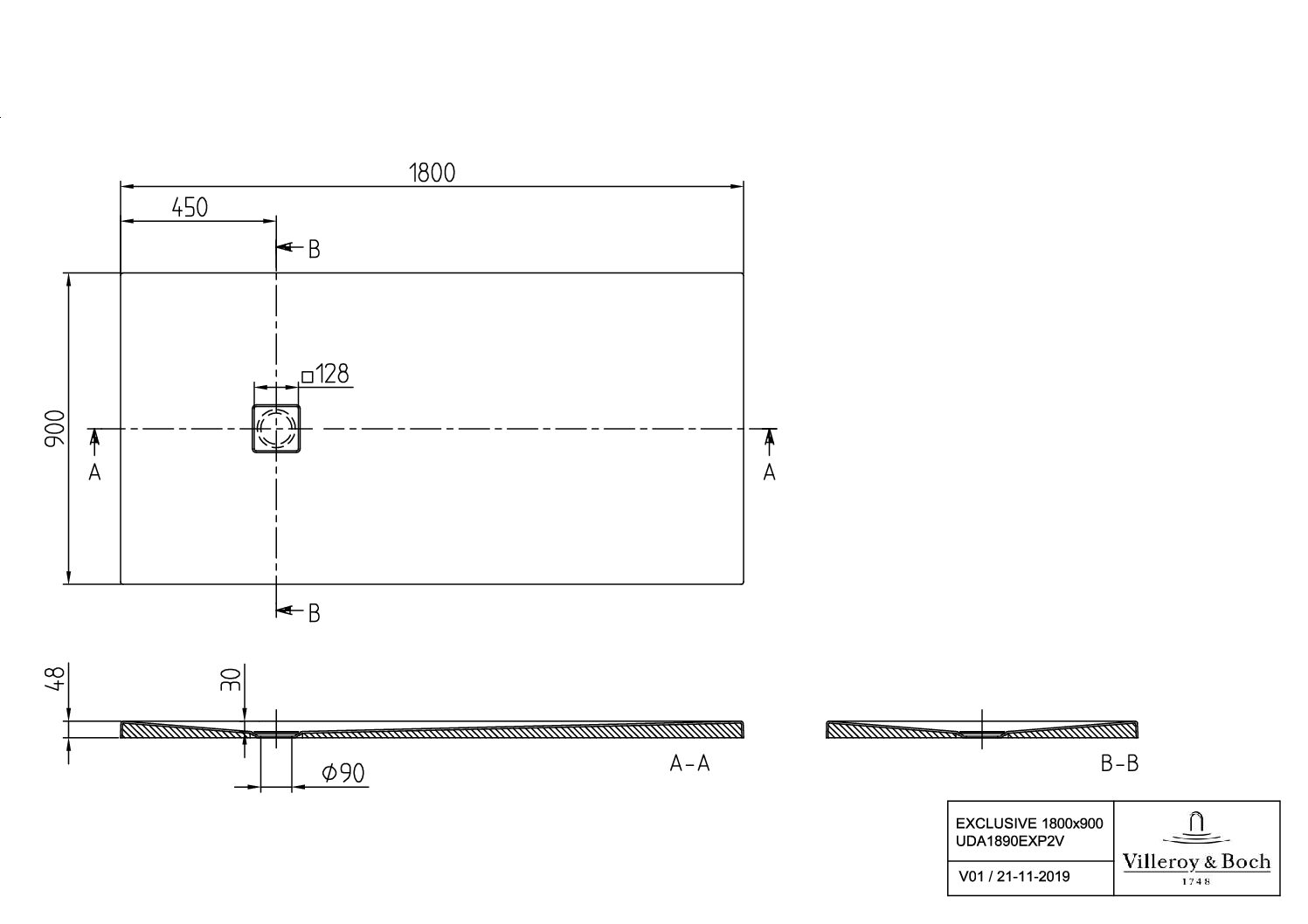 Villeroy & Boch rechteckige Duschwanne V&B EXCLUSIVE PROFI UDA1890EXP2V, 1800 x 900 x 40 mm, Rechteck, Flächenbündiger Einbau, Aufbau auf Fliesen, Aufbau auf Sockel, Weiß Alpin