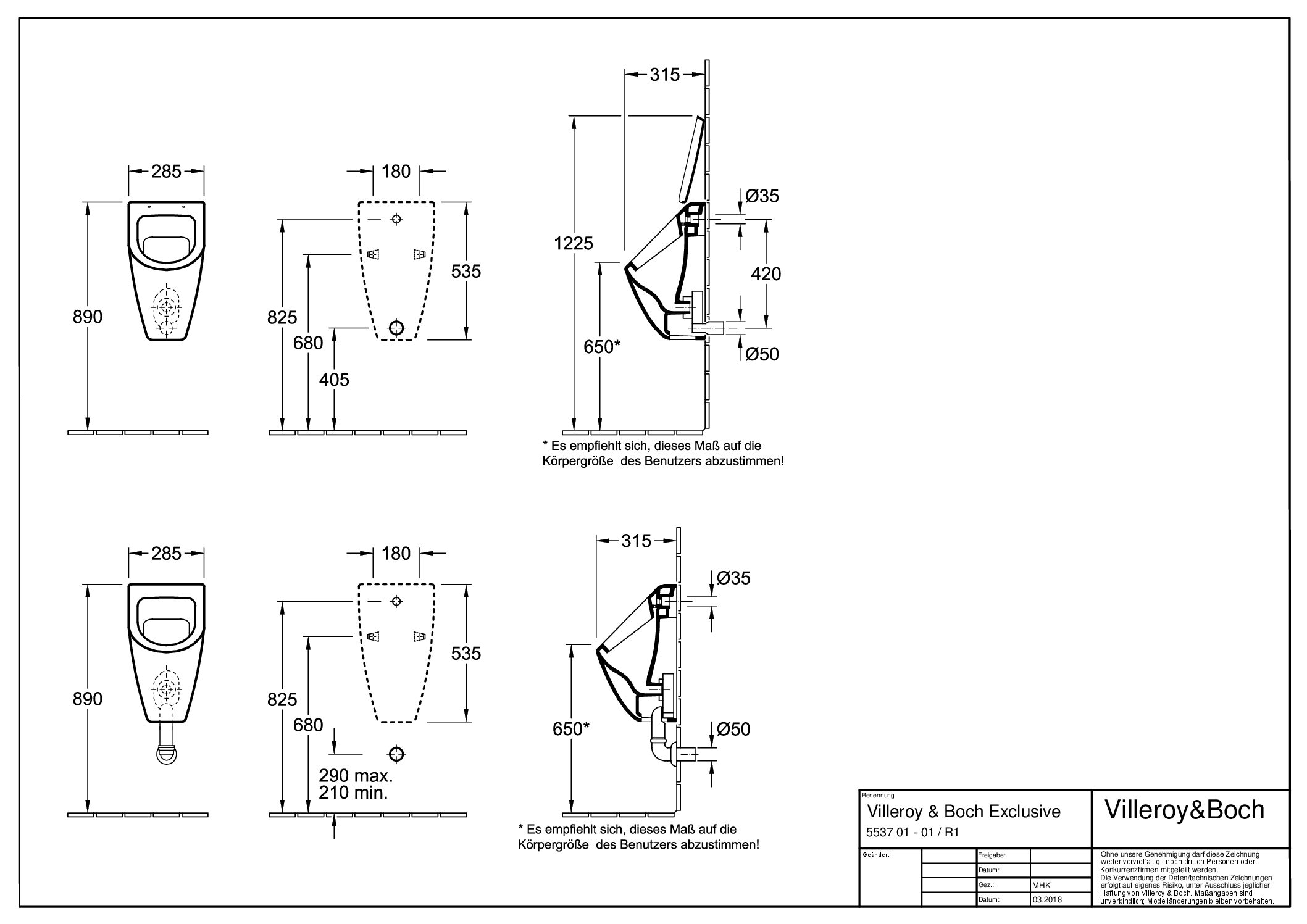 V&B Passion Kollektion 1 Urinal 285x535x315 mm, Weiß Alpin CeramicPlus