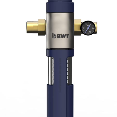 BWT MACH HWS 1" ist eine manuelle Rückspülfilter-Hauswasserstation mit integriertem Druckminderer für den waagrechten und senkrechten Einbau in die Trinkwasserleitung, mit Schnellverschlusstechnik, bleifrei