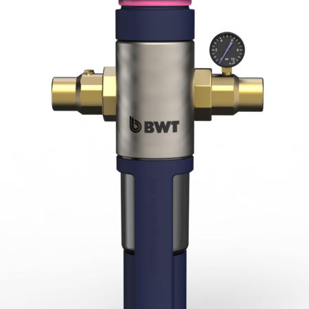 BWT MACH HWS 1 1/2" ist eine manuelle Rückspülfilter-Hauswasserstation mit integriertem Druckminderer für den waagrechten und senkrechten Einbau in die Trinkwasserleitung, mit Schnellverschlusstechnik, bleifrei