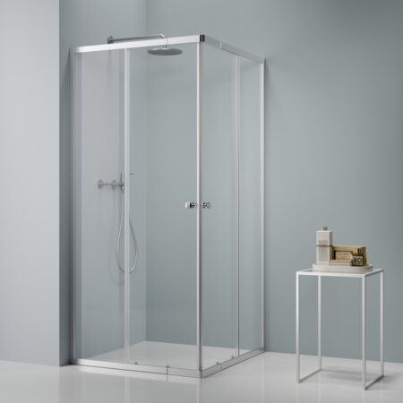 Duscholux CLU Eckeinstieg 2tlg. 75-90cm mit Schiebetüren, silberglanz, Glas ESG