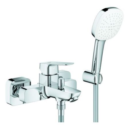 GROHE Einhand-Wannenbatterie Cubeo 101814, Wandmontage, mit Tempesta 110 Cube Wandhalterset, S-Anschlüsse, Wandrosette, eigensicher, chrom