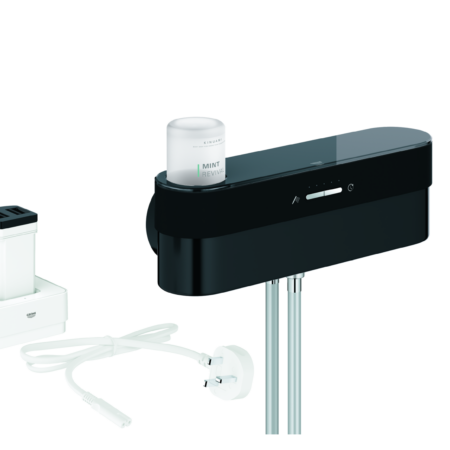 GROHE Starterset Dusche Purefoam 103367, Purefoam Gerät schwarz, Akku, Ladegerät, Purefoam 110 Handbrause mit schwarzem Strahlbildner, Brauseschläuche, Kinuami Körperseife Mint, schwarz/chrom