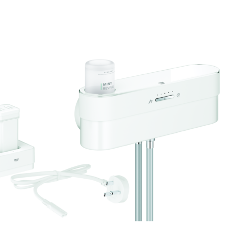 GROHE Starterset Dusche Purefoam 105074, Purefoam Gerät weiß, Akku, Ladegerät, Purefoam 110 Handbrause mit weißem Strahlbildner, Brauseschläuche, Kinuami Körperseife Mint, weiß/chrom