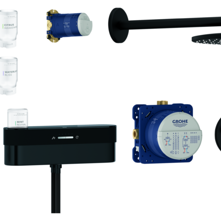 GROHE Unterputz-Duschsystem SmartControl Purefoam 105812, Purefoam Gerät in weiß, Akku, Ladegerät, Kinuami Körperseifen-Starterset, Rapido SmartBox, Grohtherm SmartControl UP-Thermostat, Kopfbrause-Set, Handbrause-Set, phantom black