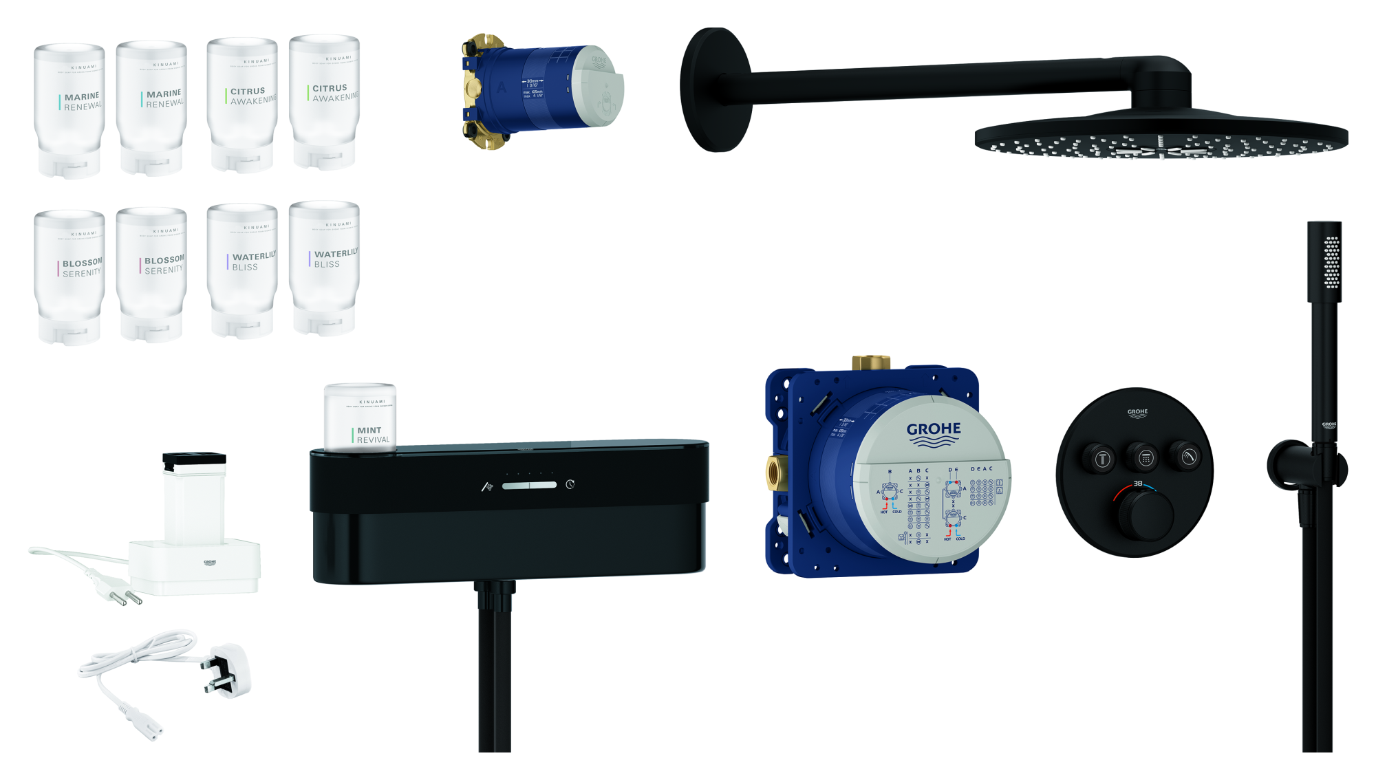 GROHE Unterputz-Duschsystem SmartControl Purefoam 105812, Purefoam Gerät in weiß, Akku, Ladegerät, Kinuami Körperseifen-Starterset, Rapido SmartBox, Grohtherm SmartControl UP-Thermostat, Kopfbrause-Set, Handbrause-Set, phantom black