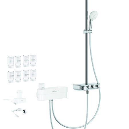 GROHE Thermostat-Duschsystem Euphoria Purefoam 105813, Wandmontage, Purefoam Gerät in weiß, Akku, Ladegerät, Kinuami Körperseifen-Starterset, chrom