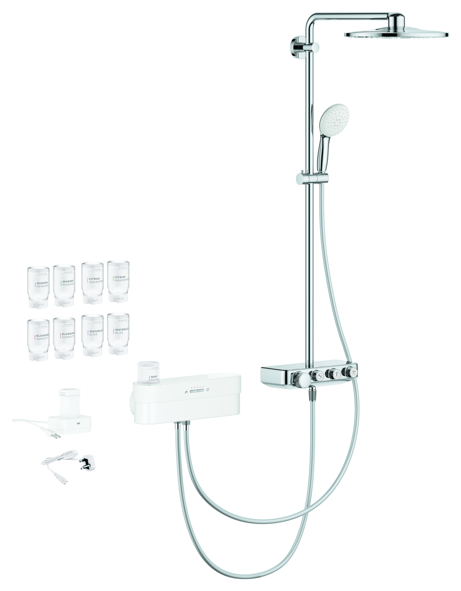 GROHE Thermostat-Duschsystem Euphoria Purefoam 105813, Wandmontage, Purefoam Gerät in weiß, Akku, Ladegerät, Kinuami Körperseifen-Starterset, chrom