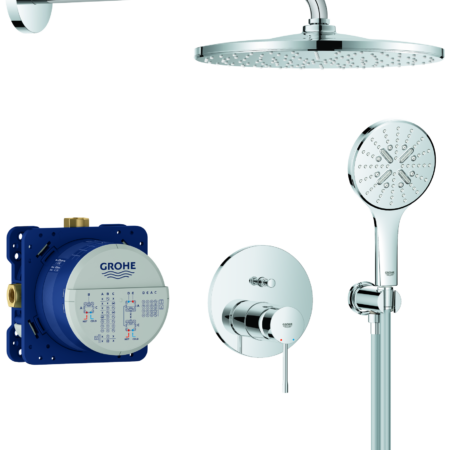 GROHE Unterputz-Duschsystem Essence 25287, mit UP-Einhandmischer mit 2-Wege-Umstellung, Rapido SmartBox, Kopfbrause Rainshower Mono 310, Rainshower SmartActive 130 Handbrause, Wandabgangsbogen, Brauseschlauch, chrom