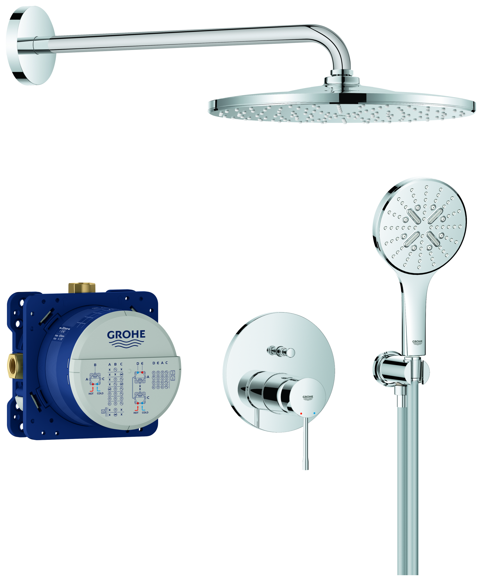 GROHE Unterputz-Duschsystem Essence 25287, mit UP-Einhandmischer mit 2-Wege-Umstellung, Rapido SmartBox, Kopfbrause Rainshower Mono 310, Rainshower SmartActive 130 Handbrause, Wandabgangsbogen, Brauseschlauch, chrom
