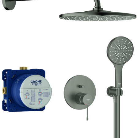 GROHE Unterputz-Duschsystem Essence 25287, mit UP-Einhandmischer mit 2-Wege-Umstellung, Rapido SmartBox, Kopfbrause Rainshower Mono 310, Rainshower SmartActive 130 Handbrause, Wandabgangsbogen, Brauseschlauch, hard graphite gebürstet