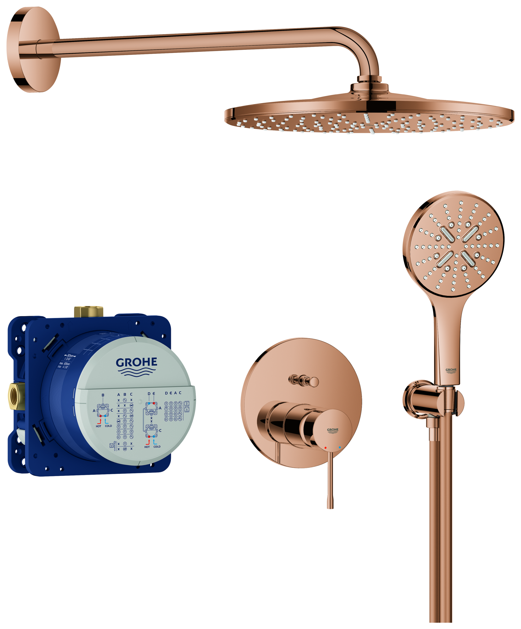 GROHE Unterputz-Duschsystem Essence 25287, mit UP-Einhandmischer mit 2-Wege-Umstellung, Rapido SmartBox, Kopfbrause Rainshower Mono 310, Rainshower SmartActive 130 Handbrause, Wandabgangsbogen, Brauseschlauch, warm sunset