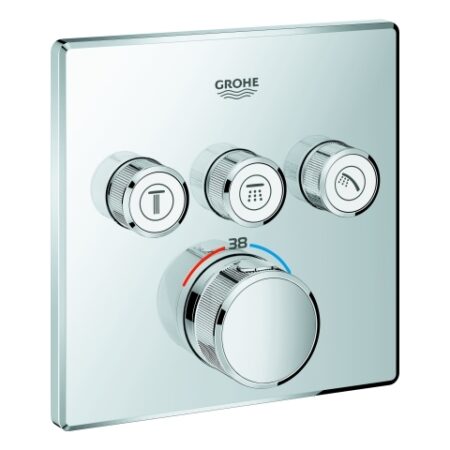 GROHE Thermostat Grohtherm SmartControl 29126, mit 3 Absperrventilen und integriertem Brausehalter, Fertigmontageset für Rapido SmartBox, Wandrosette eckig, chrom