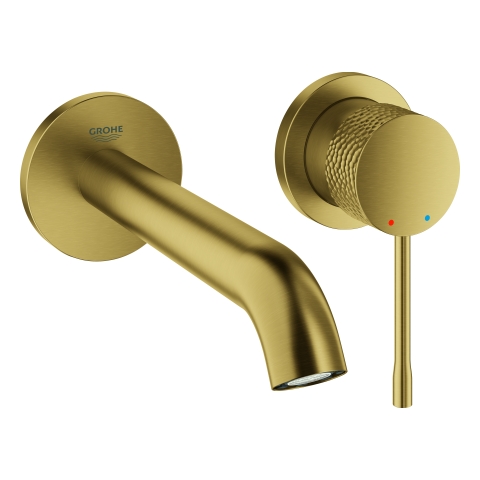 GROHE 2-Loch-Waschtischbatterie Essence 29192_1, Wandmontage, Fertigmontageset für 23571000, Stichmaß 110mm, Ausladung 183mm, crafted cool sunrise gebürstet