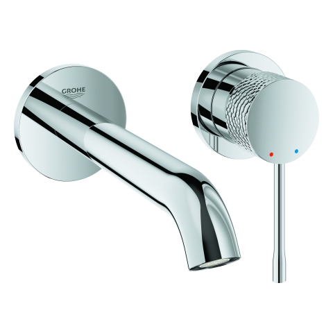 GROHE 2-Loch-Waschtischbatterie Essence 29192_1, Wandmontage, Fertigmontageset für 23571000, Stichmaß 110mm, Ausladung 183mm, crafted chrom