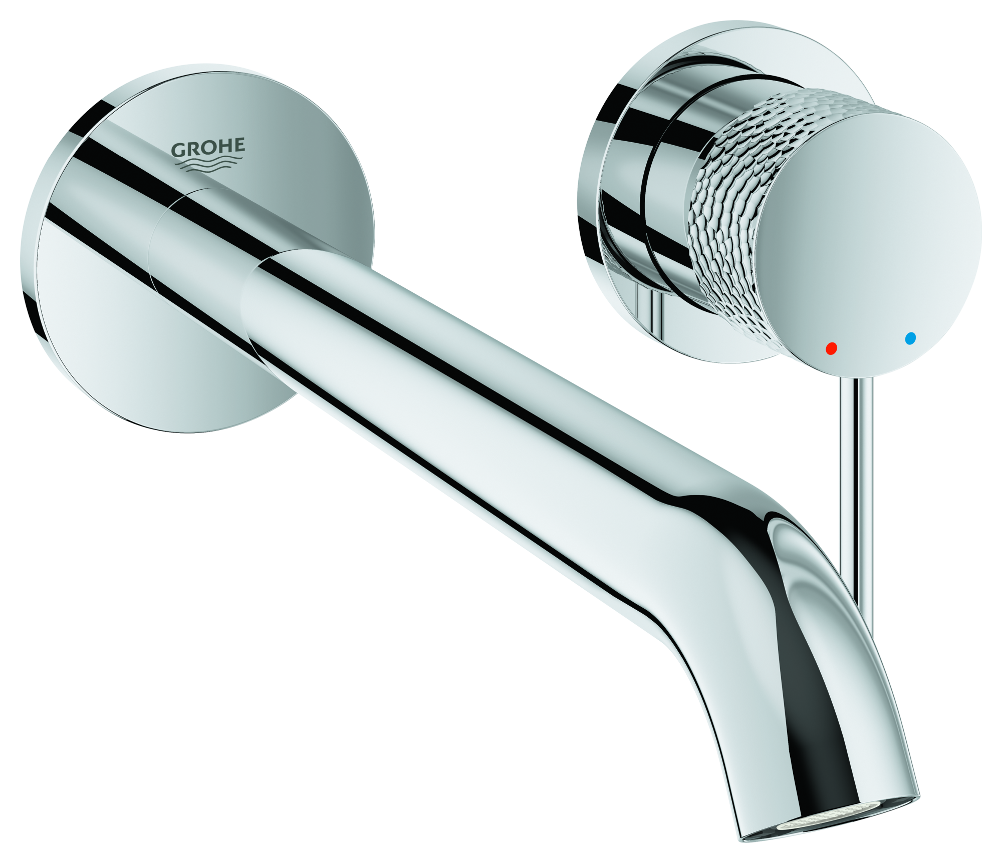 GROHE 2-Loch-Waschtischbatterie Essence 29193_1, Wandmontage, Fertigmontageset für 23 571, Stichmaß 110 mm, Ausladung 230 mm, crafted chrom