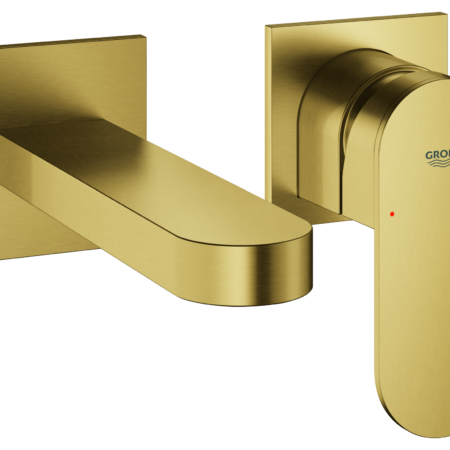 GROHE 2-Loch-Waschtischbatterie Plus 29303_4, Wandmontage, Fertigmontageset für 23200002, Stichmaß 110mm, Ausladung 147mm, cool sunrise gebürstet