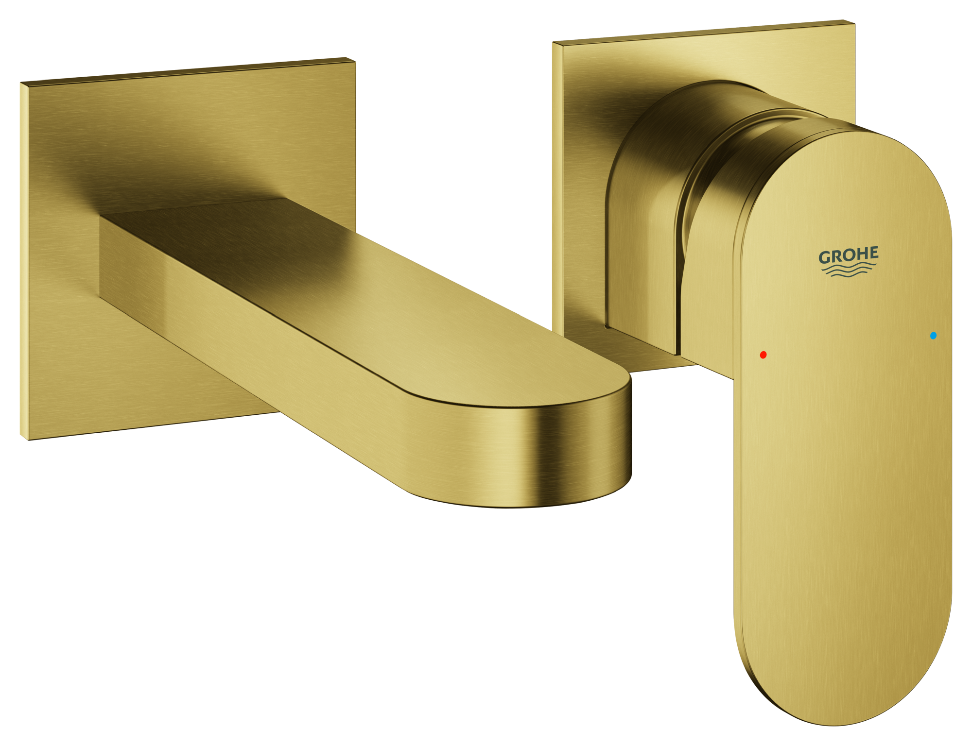 GROHE 2-Loch-Waschtischbatterie Plus 29303_4, Wandmontage, Fertigmontageset für 23200002, Stichmaß 110mm, Ausladung 147mm, cool sunrise gebürstet