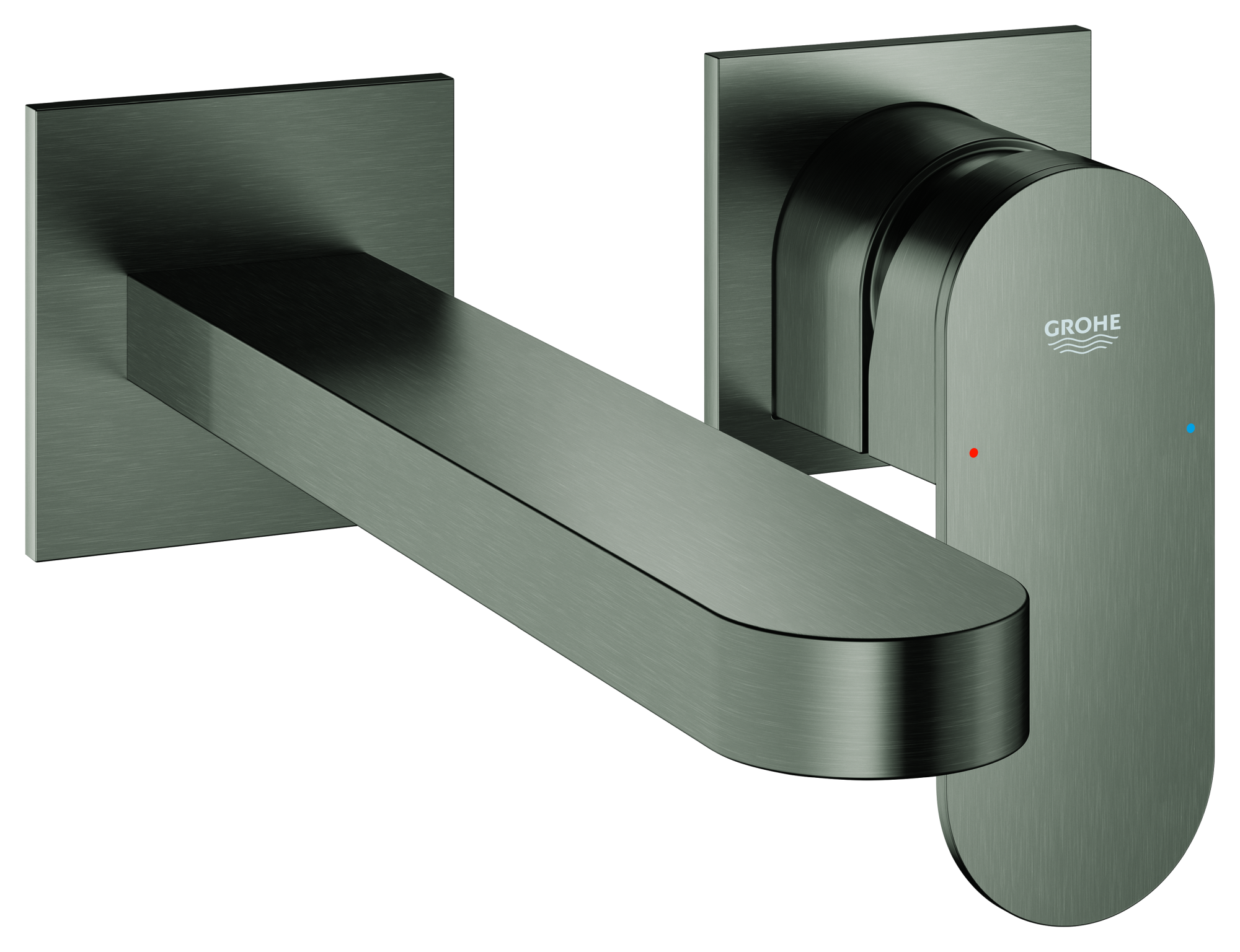 GROHE 2-Loch-Waschtischbatterie Plus 29306_4, Wandmontage, Fertigmontageset für 23200002, Stichmaß 110mm, Ausladung 203mm, hard graphite gebürstet