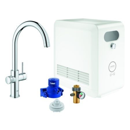 GROHE C-Auslauf Set GROHE Blue Professional 31323_2, mit GROHE Blue Einhand-Spültischbatterie mit Filterfunktion, Einlochmontage, Kühler/Karbonisator, Bluetooth 4.0, WIFI Datenkommunikation, chrom