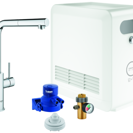 GROHE L-Auslauf Set GROHE Blue Professional 31326_2, mit GROHE Blue Einhand-Spültischbatterie mit Filterfunktion, Einlochmontage, Kühler/Karbonisator, Bluetooth 4.0, WIFI Datenkommunikation, herausziehbarer Mousseurauslauf, chrom