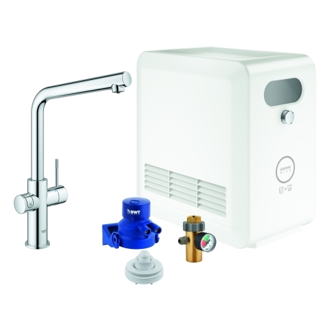 GROHE L-Auslauf Set GROHE Blue Professional 31347_3, mit GROHE Blue Einhand-Spültischbatterie mit Filterfunktion, Einlochmontage, Kühler/Karbonisator, Bluetooth 4.0, WIFI Datenkommunikation, chrom