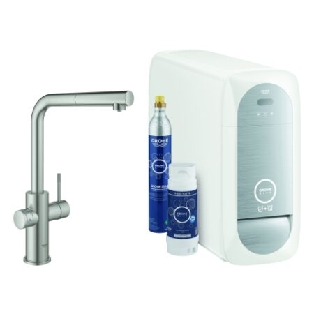 GROHE Starter Kit GROHE Blue Home 31539, L-Auslauf, Einlochmontage, herausziehbarer Mousseurauslauf, mit Bluetooth 4.0 und WIFI Datenkommunikation, supersteel