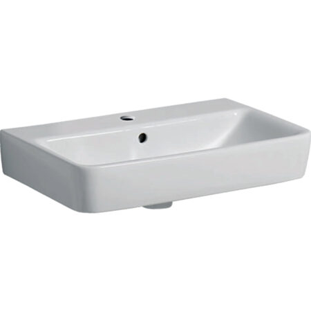 Geberit Renova Compact Waschtisch: 60x37cm, Hahnloch=mittig, Überlauf=sichtbar, symmetrisch, weiß