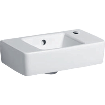 Geberit Renova Compact Handwaschbecken verkürzte Ausladung, mit Ablagefläche: 40x15x25cm, weiß, Hahnloch=rechts, Überlauf=sichtbar, symmetrisch, Ablagefläche=beidseitig