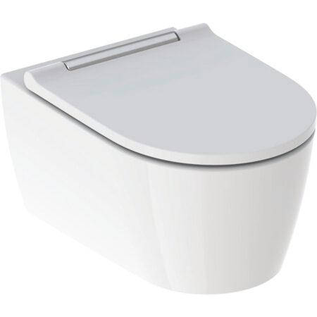 Geberit ONE Set Wand-WC Tiefspüler, geschlossenes Keramikdesign, TurboFlush, mit WC-Sitz: WC-Keramik: weiß / KeraTect, Designabdeckung: chrom / glänzend