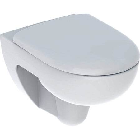 Geberit Renova Set Wand-WC Tiefspüler, Rimfree, mit WC-Sitz: T=54cm, Absenkautomatik=ja, QuickRelease-Funktion=Ja, mit verriegelbaren QuickRelease-Scharnieren, Befestigung=von oben, weiß