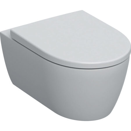 Geberit iCon Set Wand-WC Tiefspüler, geschlossenes Keramikdesign, Rimfree, mit WC-Sitz: T=53cm, Absenkautomatik=ja, QuickRelease-Funktion=Ja, mit verriegelbaren QuickRelease-Scharnieren, Befestigung=von oben, weiß