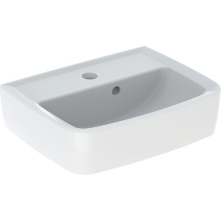 Geberit Bastia Handwaschbecken eckiges Design, mit asymmetrischem Überlauf: 40x31cm, Hahnloch=mittig, Überlauf=sichtbar, asymmetrisch, weiß