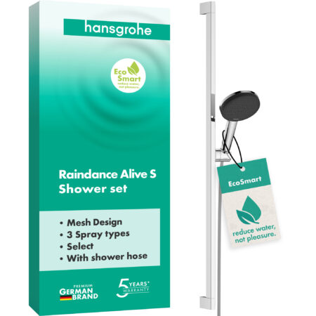 hansgrohe Raindance Alive Select S Brauseset 125 3jet EcoSmart mit Brausestange Unica E Puro 90 cm und Easy Slide Brausehalter, Chrom
