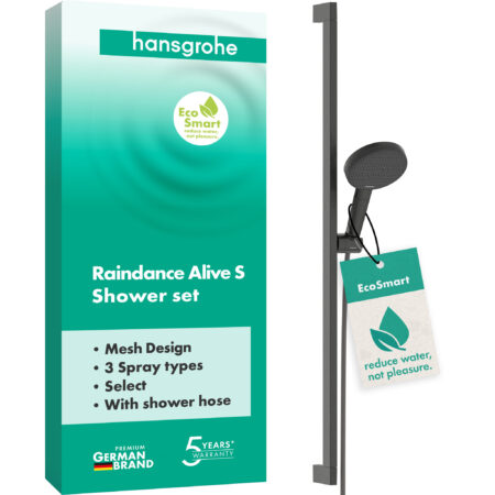 hansgrohe Raindance Alive Select S Brauseset 125 3jet EcoSmart mit Brausestange Unica E Puro 90 cm und Easy Slide Brausehalter, Brushed Black Chrome